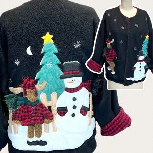 VINTAGE winter fleece cardigan sweater‎ plaid moose pine Christmas tree snowman